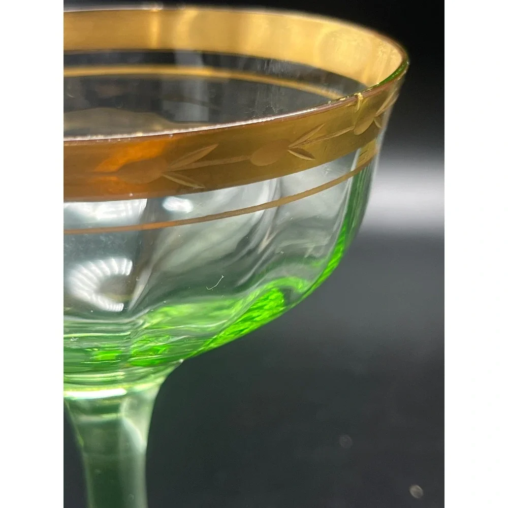 Vtg‎ Gold Rimmed Green Cocktail sherbet Glasses Vaseline Uranium 30's set 5 READ